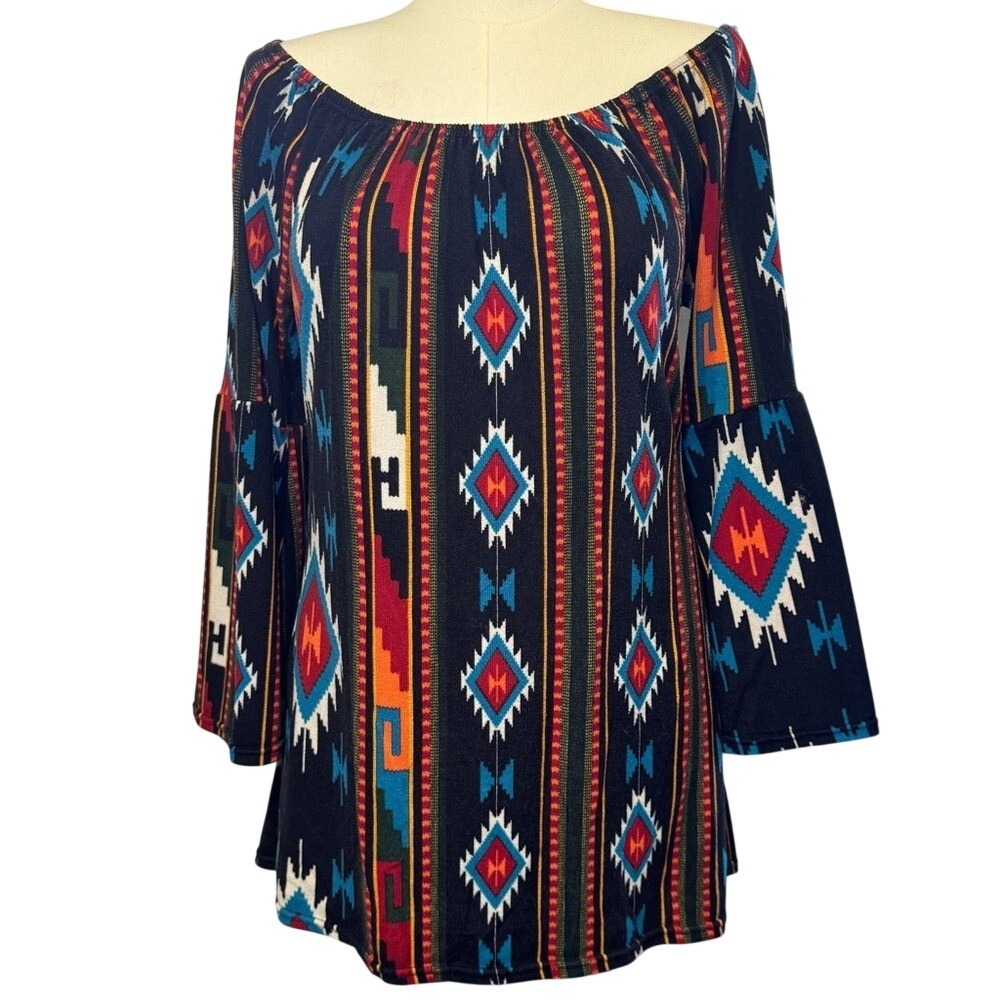 Win Win Top Womens L-XL Multicolor Aztec Bohemian Bell Sleeve Tunic Mini Dress‎